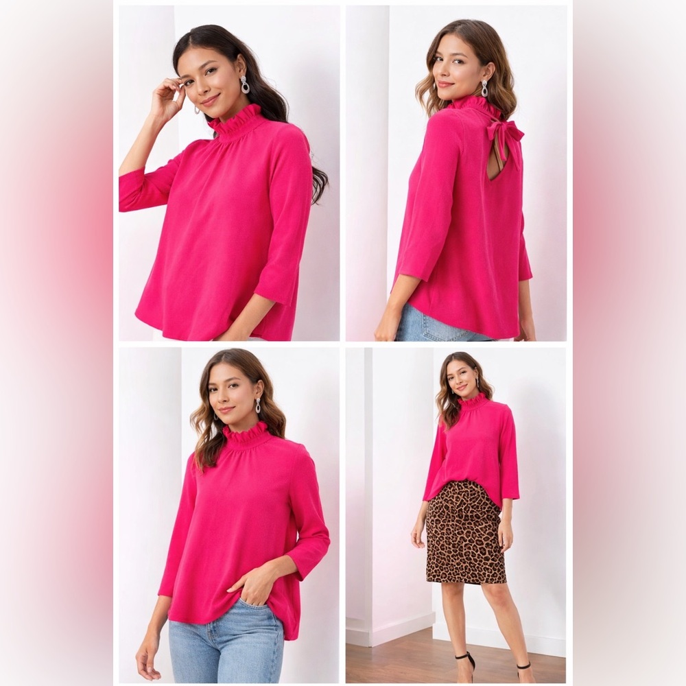 Pomander Place Hot Pink Ruffle Neck Swing Top Back Bow Statement Blouse - Picture 3 of 9